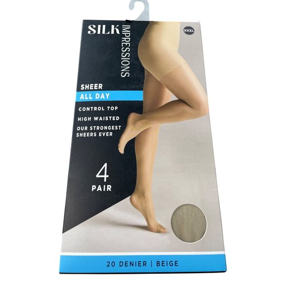 Silk Impressions Pantyhose Size XXXL Control Top High Waist 4 Pair 20 Denier NEW - Picture 1 of 7